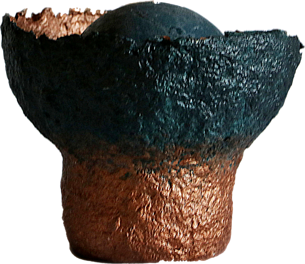 Bougeoir rond en papier maché Ø17 h12cm patine bronze et bleu