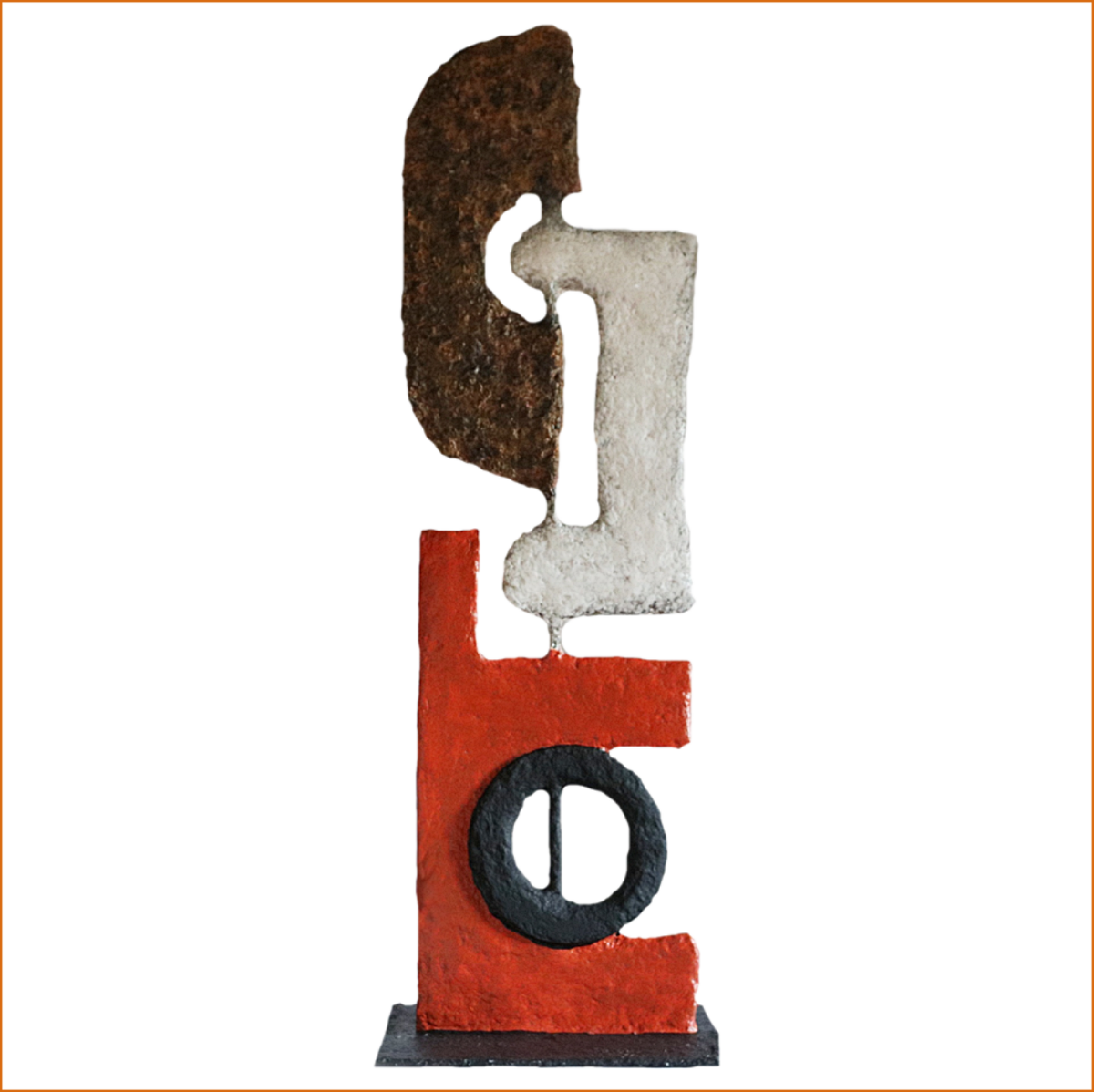 Basile - sculpture n°11 en papier mâché - hauteur 90cm - patine acrylique effet bois-ciment-orange et noir