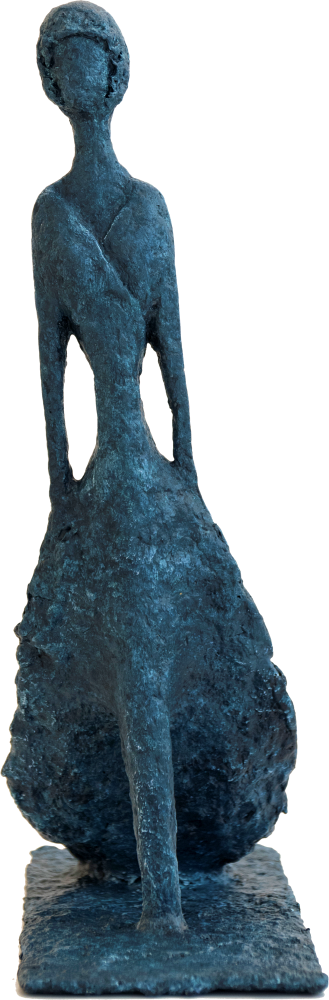 Ananie - sculpture n°24 en papier mâché - femme à queue de paon - patine acrylique effet bronze bleu