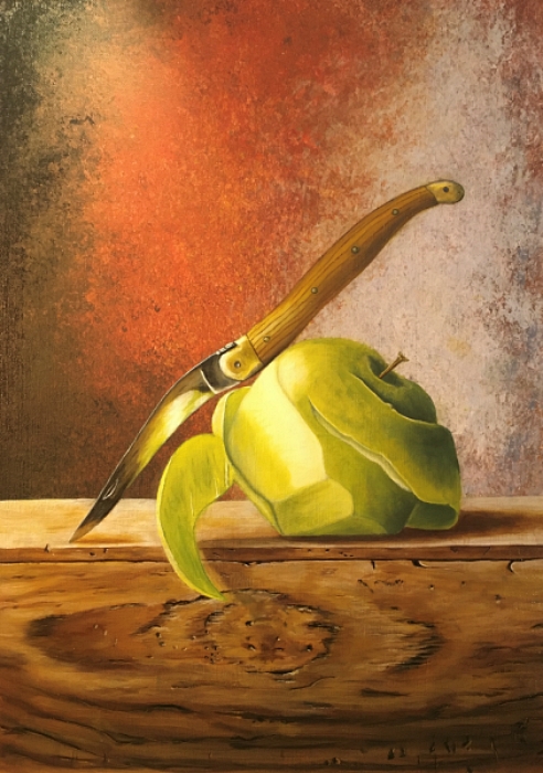 la peinture n12 représente une pomme verte épluchée avec le couteau
