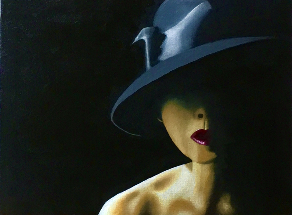Peinture n°17 - Héra - Portrait femme dans l'ombre avec chapeau noir