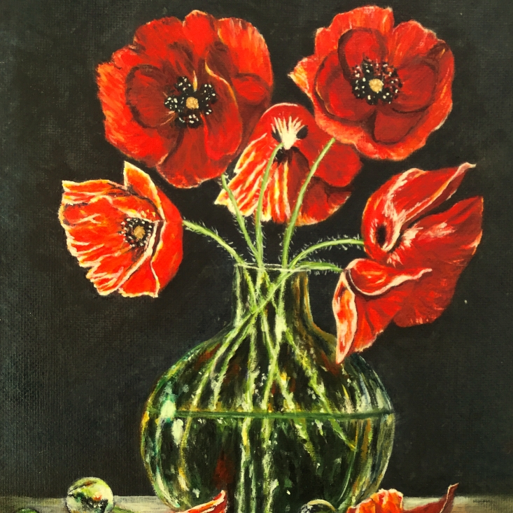 peinture acrylique et huile 18x24 bouquete de coquelicots dans vase transparent