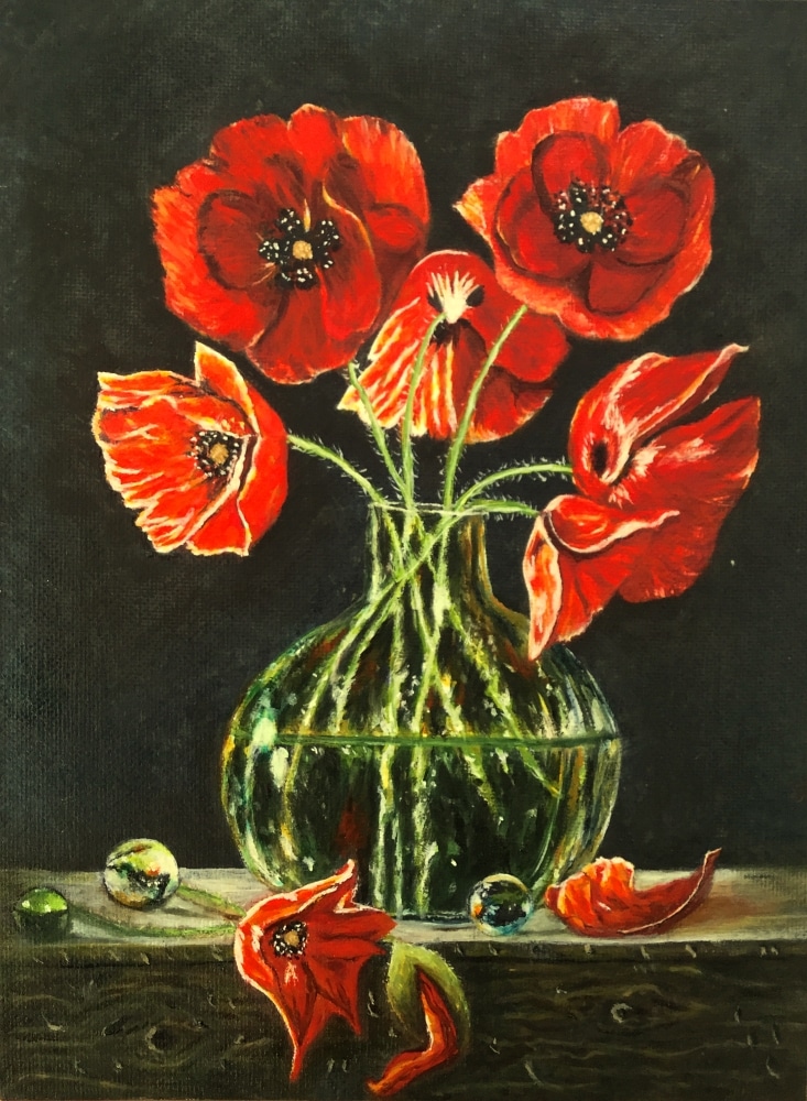 peinture acrylique et huile 18x24 bouquete de coquelicots dans vase transparent
