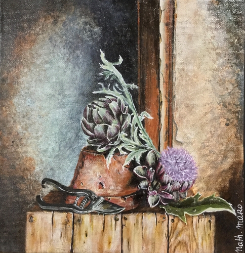 la peinture n°3 représente un pot en terre et des artichauts sur une caisse en bois