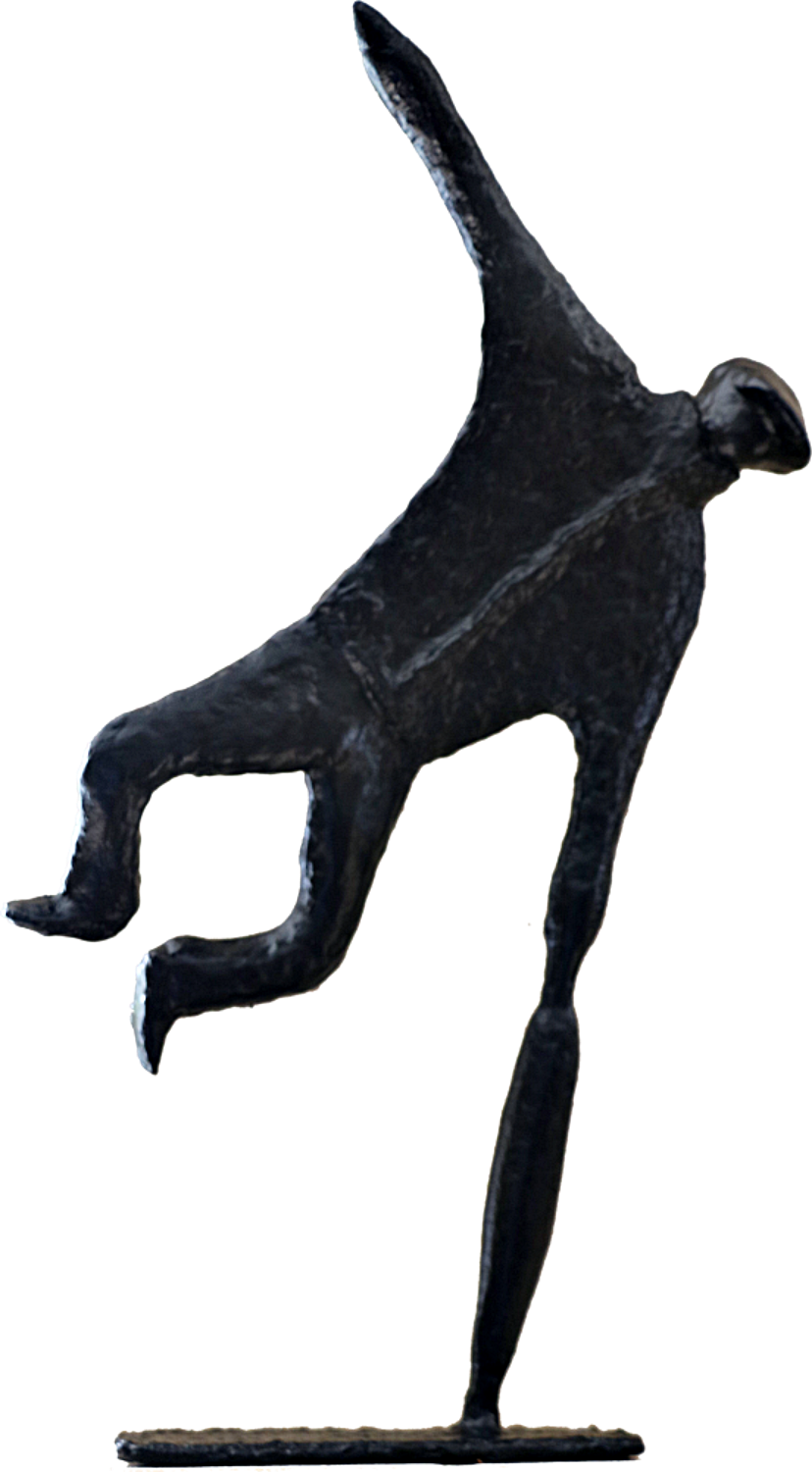 sculpture n35 Movendu - homme en mouvement - saut en appui sur parapluie - patine acrylique noire