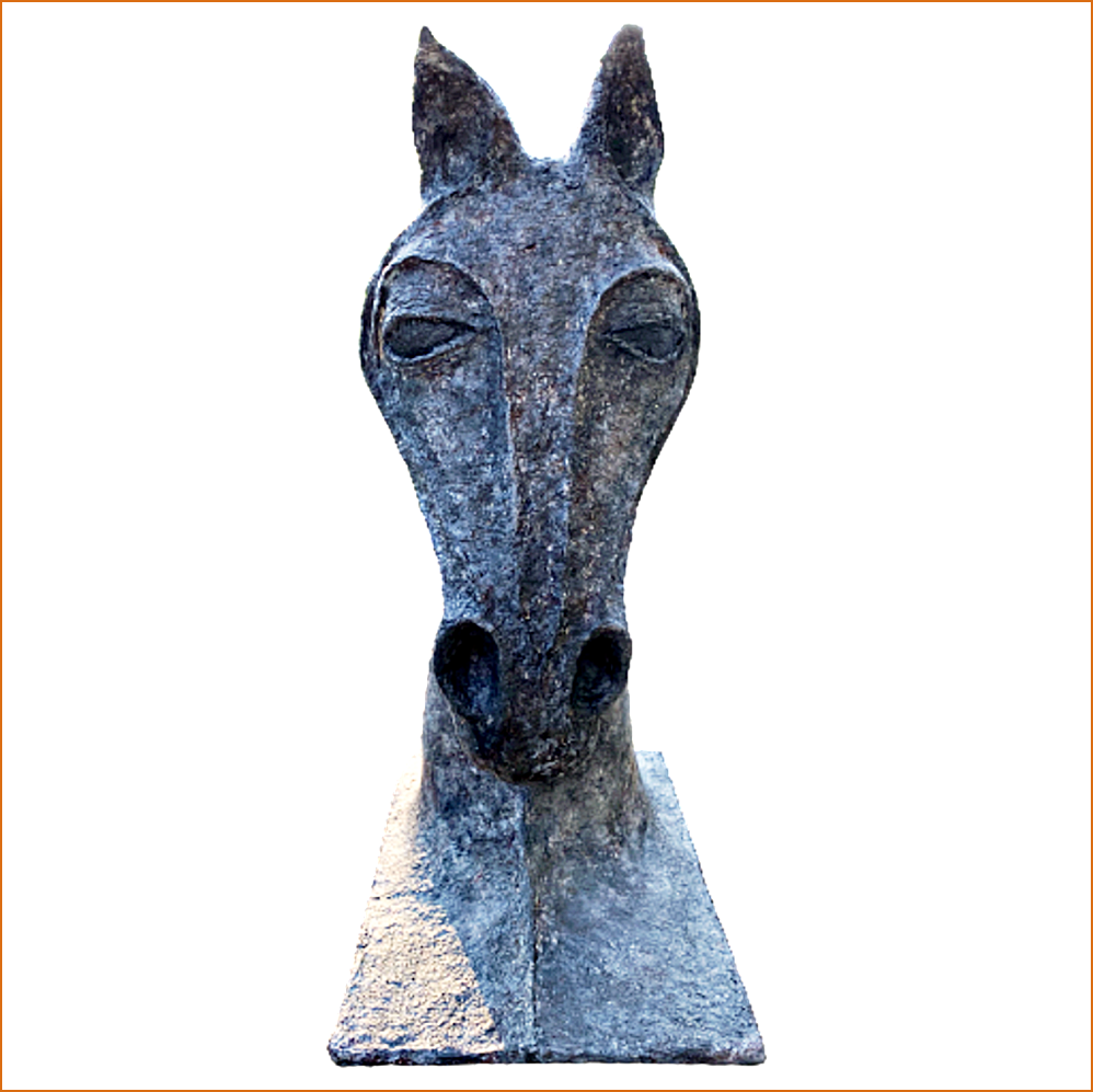 sculpture n37 cavallu - tete de cheval en papier maché patine acrylique effet metal gris