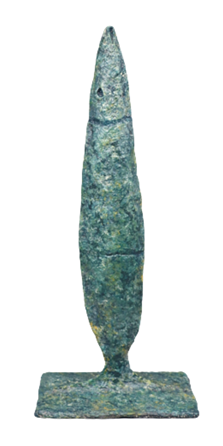 Iwak sculpture n°46 en papier mâché, représente un poisson debout, hauteur 50cm, patine bleu vert