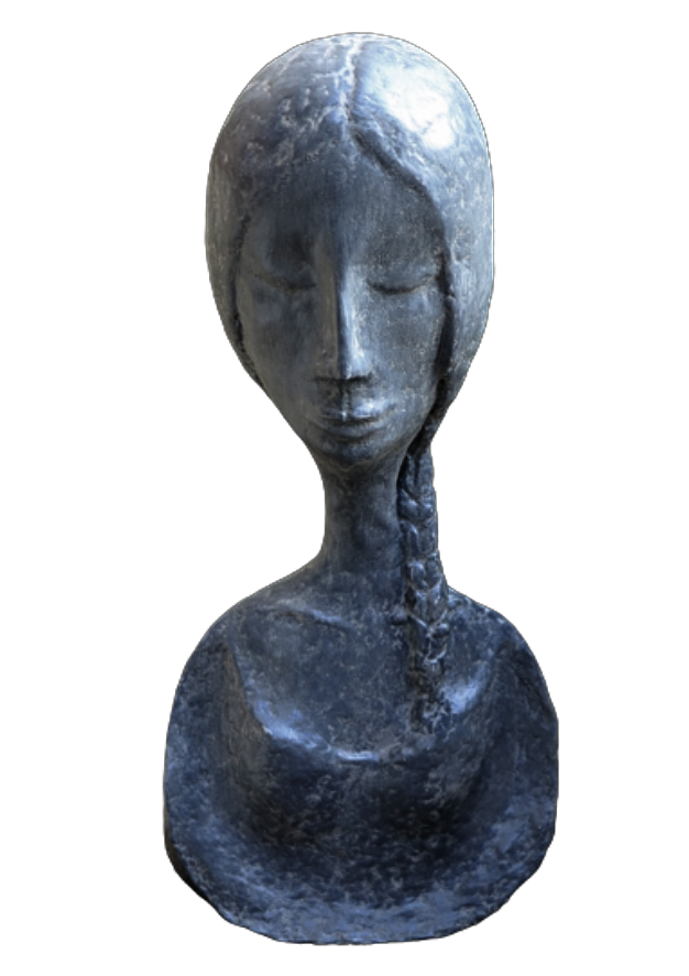 sculpture_n59 Maya en papier mâché, représente le buste d'une femme avec une natte sur le coté, hauteur 40cm, patine effet ardoise