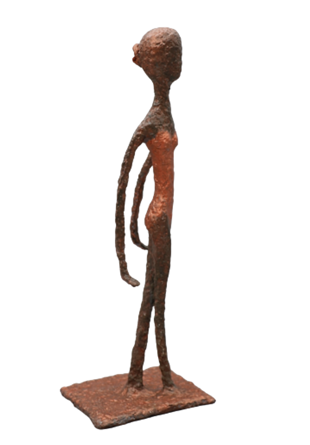 Mélika, sculpture n°61 en papier mâché, représente 1 danseuse en justaucorps cuivre, les bras en arrière, hauteur 30cm, patine bronze-cuivre