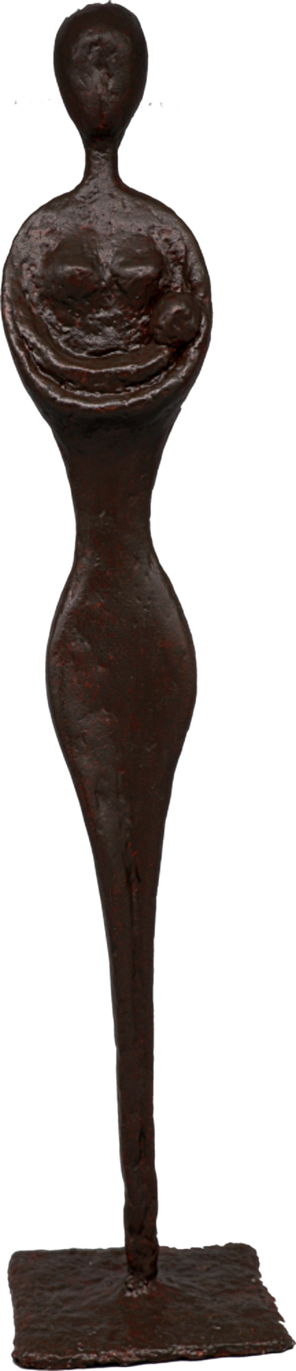 Ninna, sculpture n°62 en papier mâché, représente une femme debout qui berce son bébé, hauteur 52cm, patine bronze