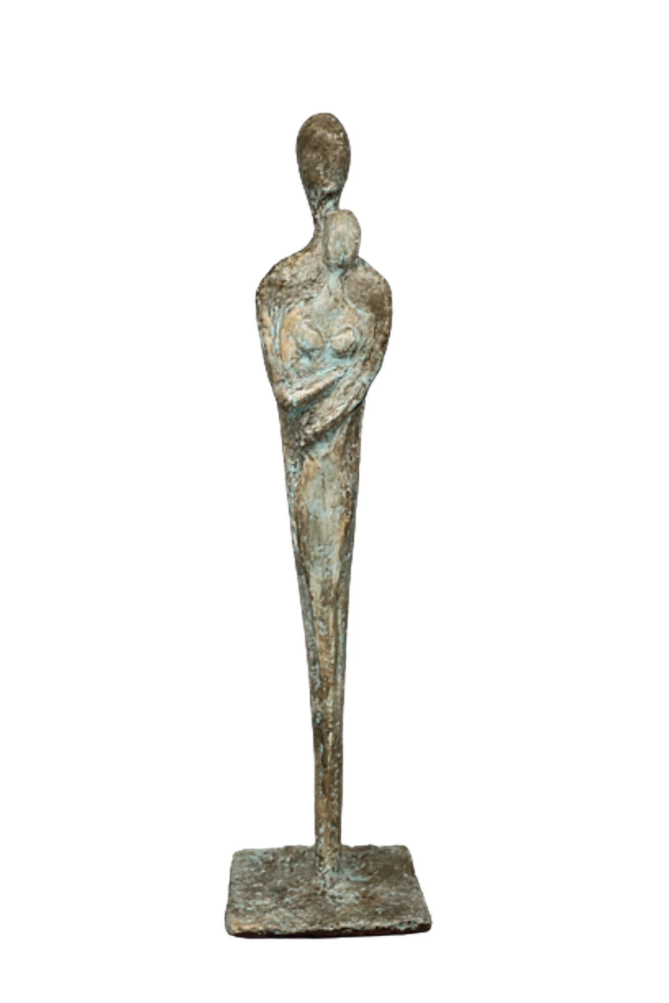 Lou-Lou, sculpture n°63 en papier mâché, représente un couple enlacé, hauteur 42cm, patine vert de gris