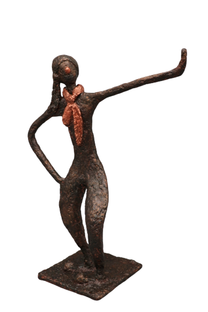 LÔ Clown sculpture n°72 en papier mâché, représente un clown, patine effet bronze avec écharpe et nez effet cuivre hauteur 31cm,