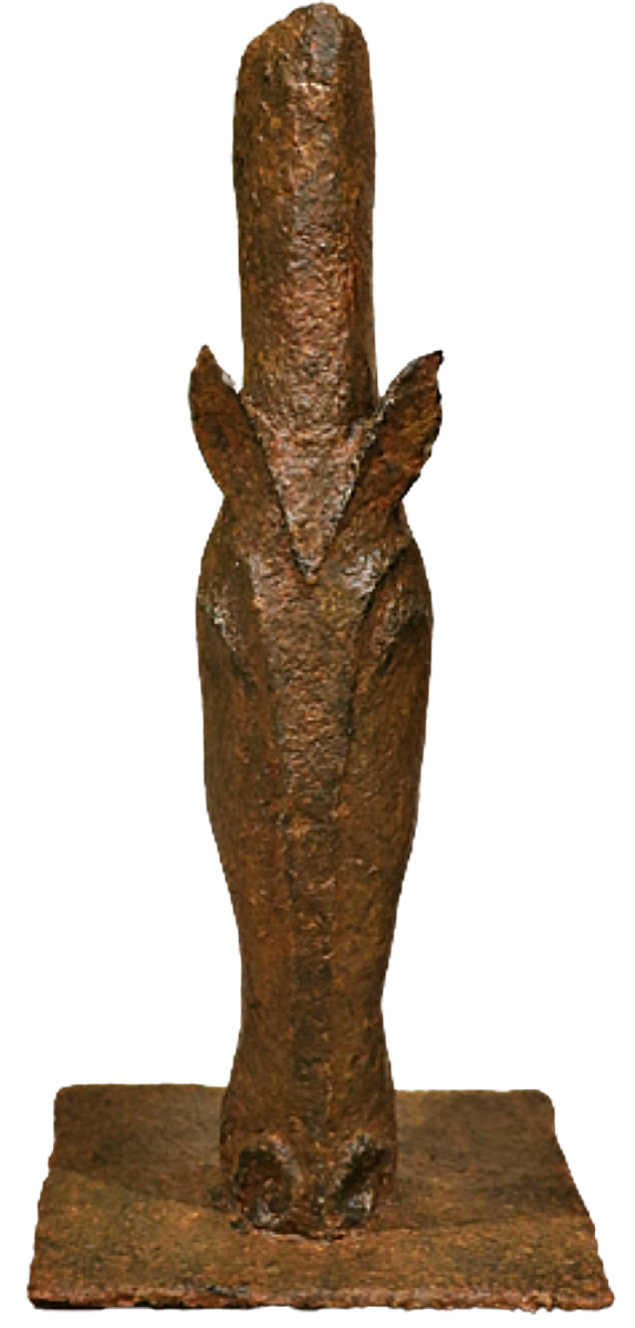 Jaran sculpture n°73 en papier mâché, représente la tête d'un cheval qui broute, très stylisé, hauteur 46cm, patine aspect bois