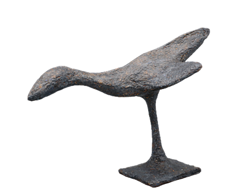 Ocell sculpture n°81 en papier mâché, représente un oiseau , hauteur 29cm, patine gris-bleu
