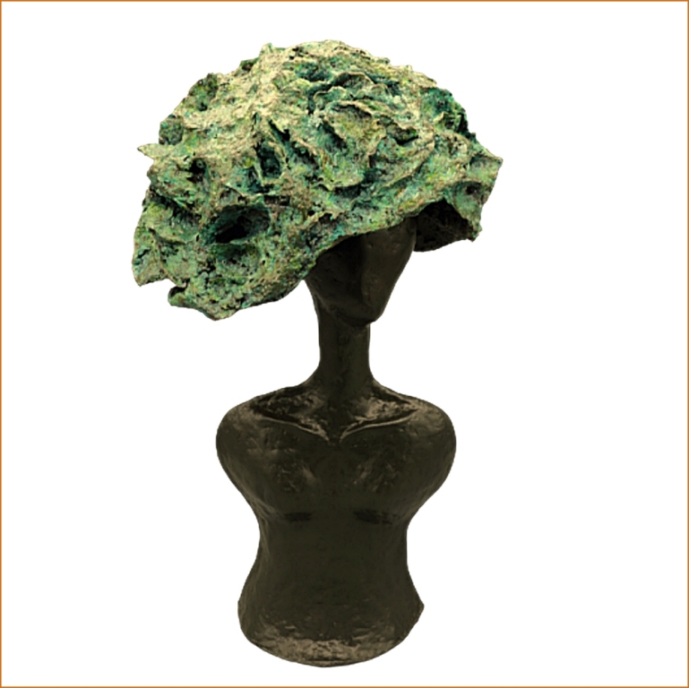 Iris - sculpture n°92 en papier mâché, hauteur 45cm, patine en peinture acrylique brun, turquoise