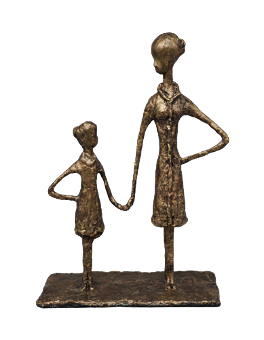 Lili-Rose sculpture n°112 en papier mâché, représente une maman qui donne la main à sa petite fille,, hauteur 31cm, patine acrylique aspect bronze doré