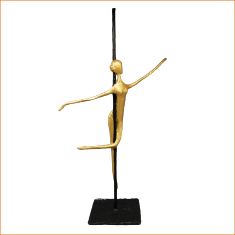 Anita sculpture n°114 en papier mâché, représente une danseuse de pole-dance, hauteur 60cm, patine acrylique noir-doré
