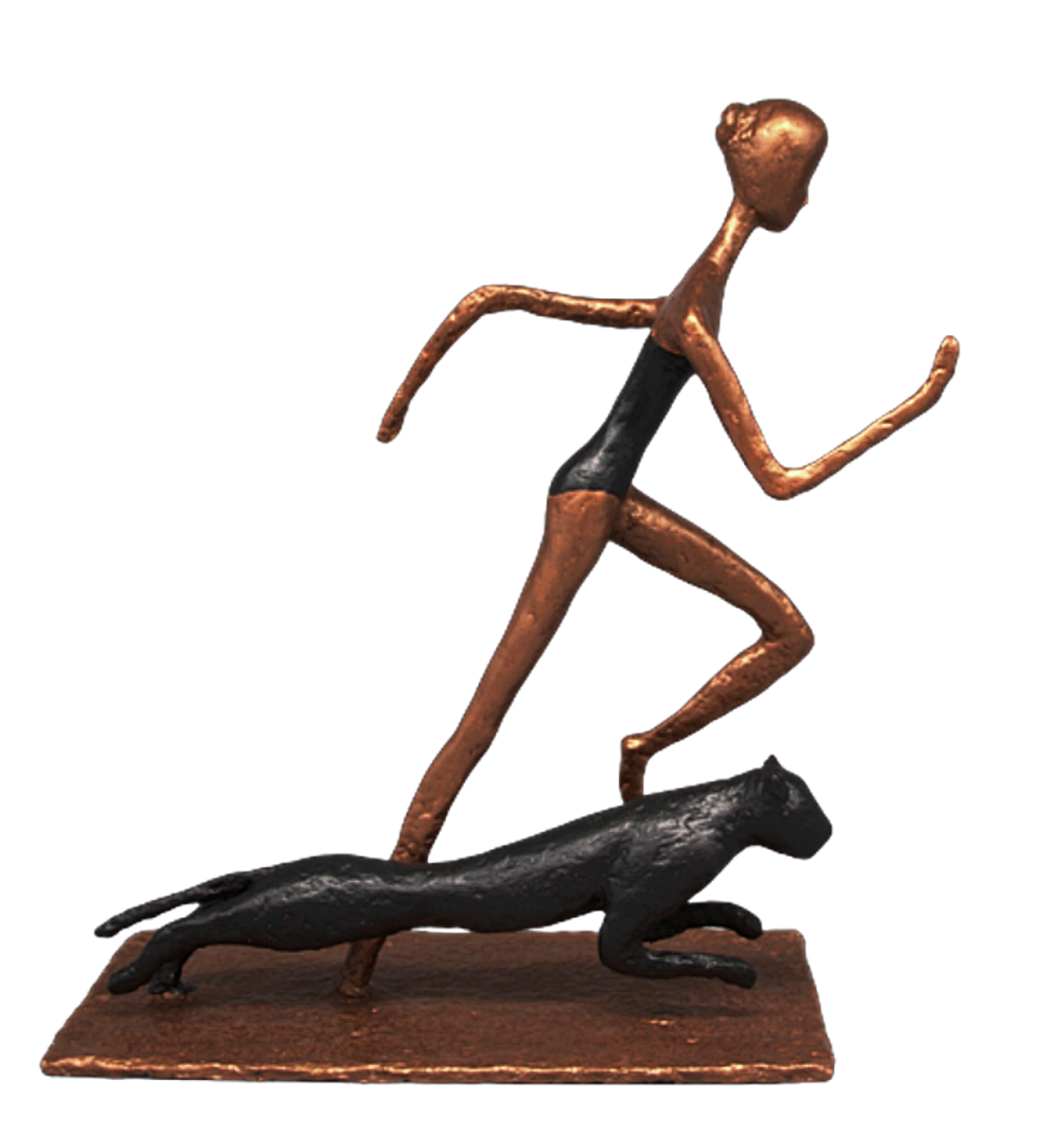 Sonara sculpture n°118 en papier mâché, représente une femme qui court à coté d'un jaguar, hauteur 40cm, patine acrylique noir et bronze