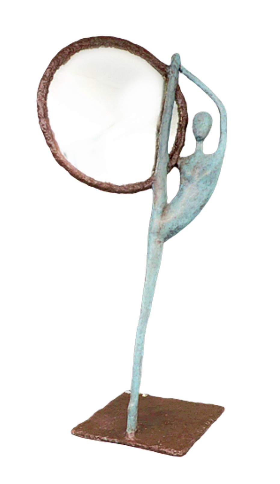 Whakata sculpture n°122 en papier mâché, représente une danseuse tenant un miroir, hauteur 50cm, patine acrylique aspect bronze et vert de gris