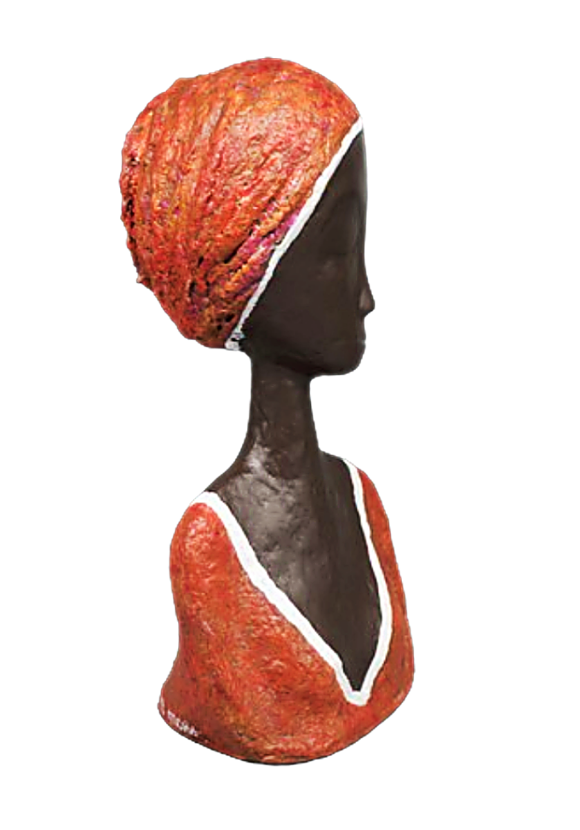 Kidjo sculpture n°123 en papier mâché, représente le buste d'une femme avec un turban orangé, hauteur 40cm, patine acrylique aspect bronze et orange