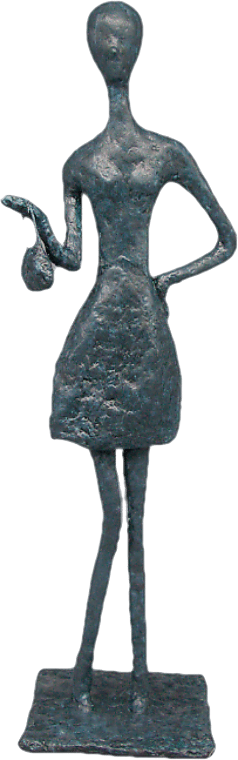 Donna sculpture n°135 en papier mâché, représente une femme debout , avec un sac à main - hauteur 40cm, patine acrylique noir et bronze bleuté